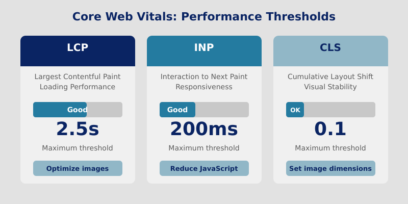 Core Web Vitals metrics showing LCP, INP, and CLS thresholds