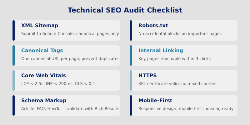 Technical SEO audit checklist with five key areas to verify
