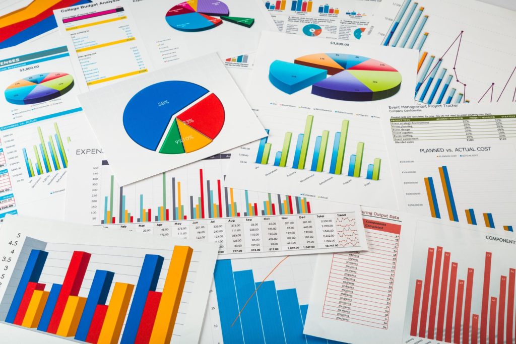 Budget and expense charts spread showing colorful data visualizations for ad spend analysis