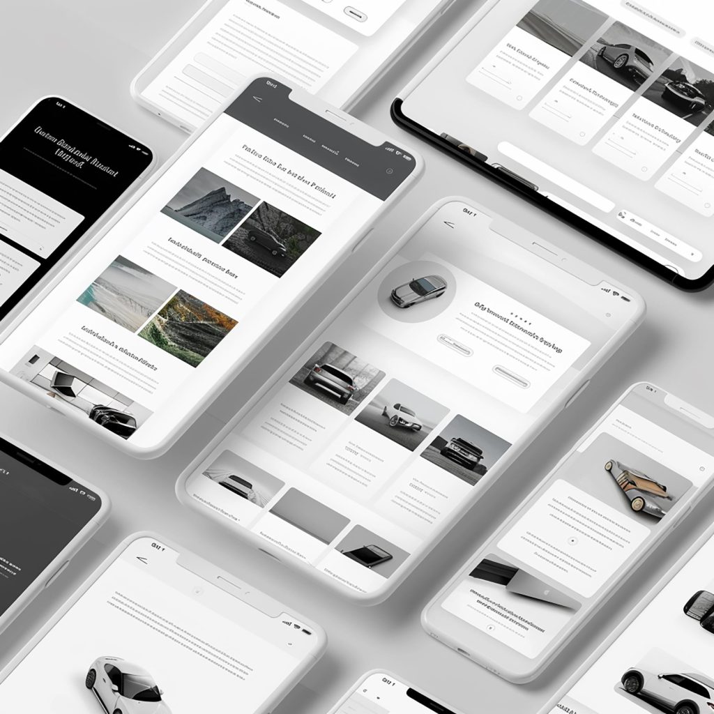 Responsive website design mockup showing mobile phone, tablet, and laptop with performance metrics