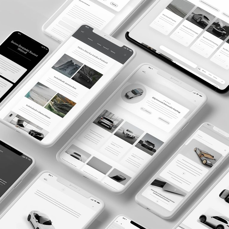 Responsive website design mockup showing mobile phone, tablet, and laptop with performance metrics