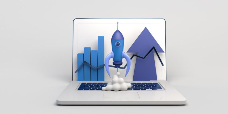 Organic traffic growth concept with rocket illustration on blue background